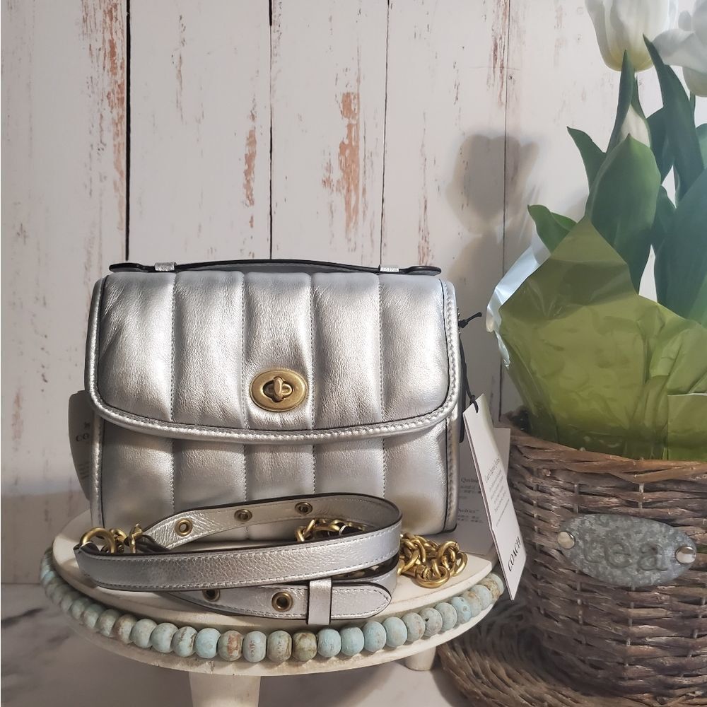 Coach RETAIL Metallic Silver Quilted Leather Turnlock Crossbody Bag - Picture 8 of 12